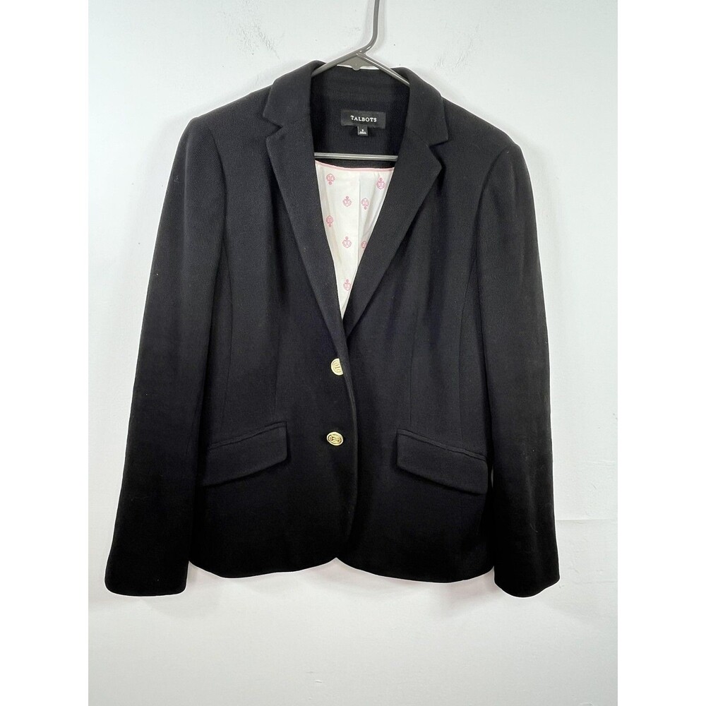 Talbots Blazer Womens 8 Black Knit Gold Button Anchor Lining Nautical Two Button
